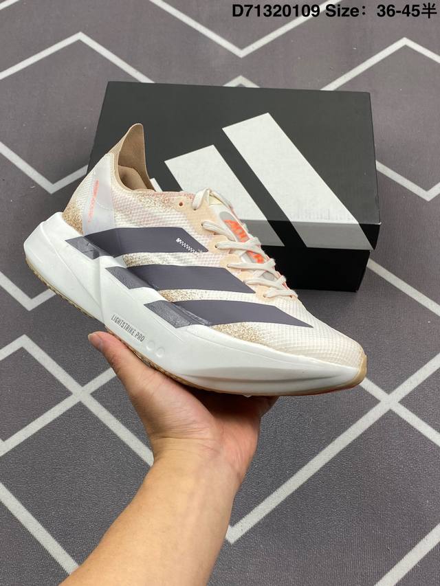 220 公司级Adidas Adizero Adios 4 M马拉松飞线贾卡轻质透气休闲运动跑步鞋 采用双层透气网纱 Flywire动态飞线绑缚鞋面材质 内置Z