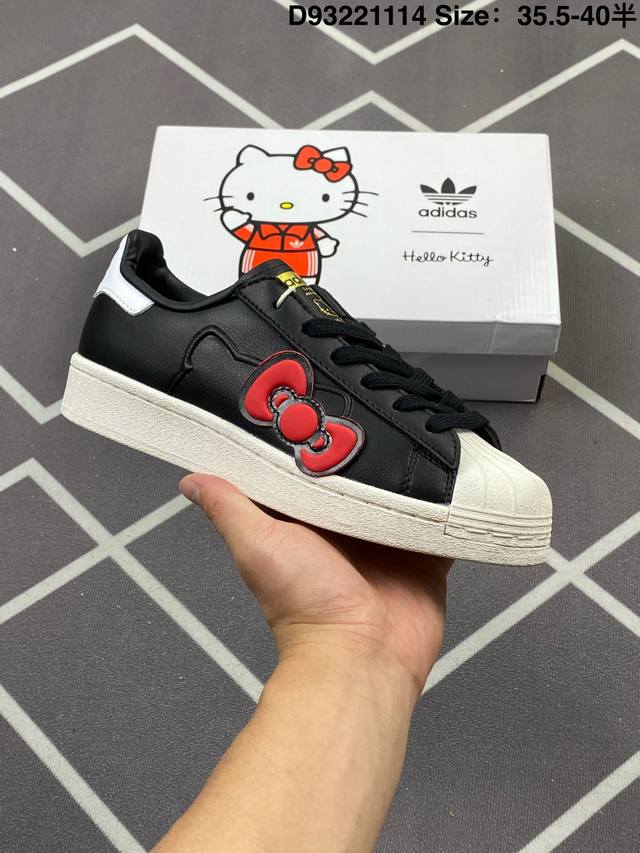 160 阿迪达斯 Adidas Superstar 三叶草经典贝壳头系列 Hello Ketty 猫大蝴蝶结 新款休闲板鞋潮流男女士运动鞋 。鞋面柔软皮革材质