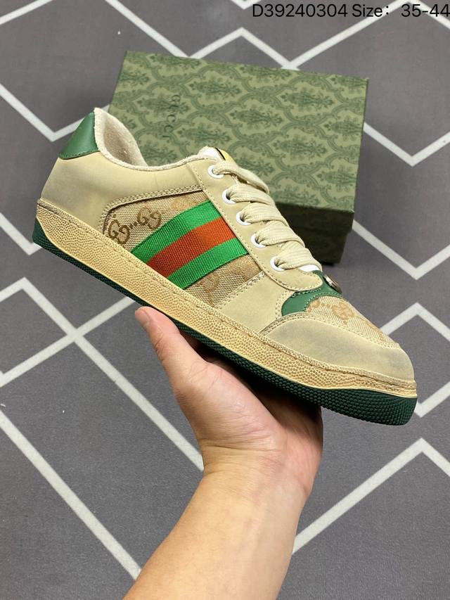 170 古驰Gucci Distressed Screener Sneaker 古驰小脏鞋系列 官方同步 绿盒版本 经典原型复古百搭做旧小脏板鞋复古学院风 怀旧