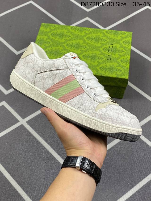 200 古奇Gucci Distressed Screener Sneaker 古驰小脏鞋系列 绿盒版本 经典原型复古百搭做旧小脏板鞋复古学院风 怀旧版 尺码: