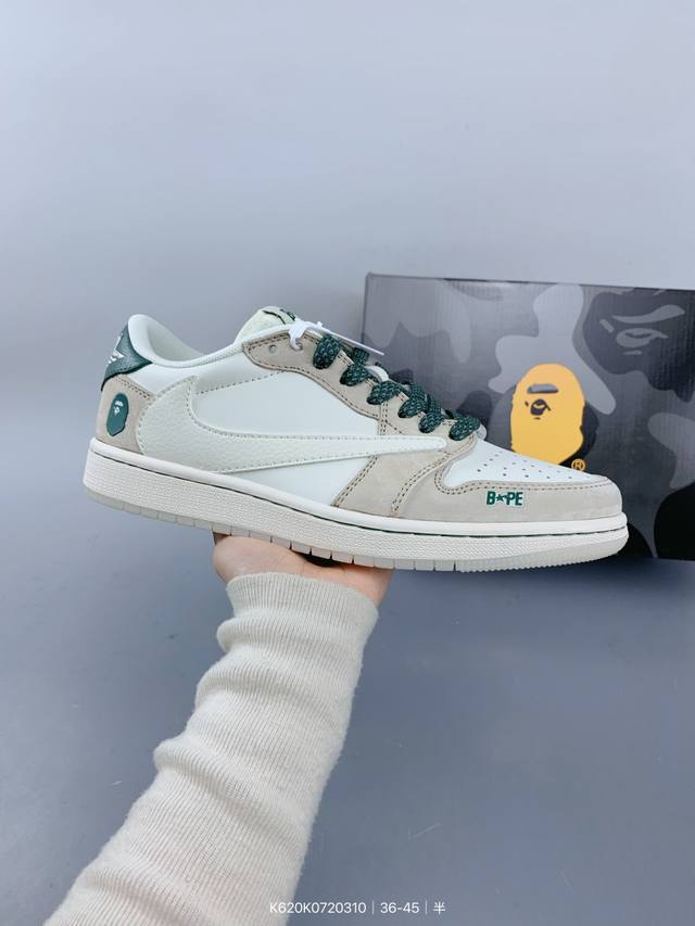 ：290 公司级 时尚元素X Jordan Air Jordan Low 倒勾猿人头 “米白灰绿，合作融合了Travis Scott 独特的潮流风格，个性的设计