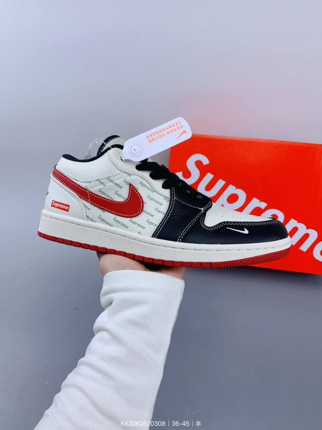 ：260 公司级头层皮Supreme X 乔丹Air Jordan 1 Low Aj1低帮系列篮球鞋 官方同步配色 原装级产物 拒绝公底 立体鞋型 细节完美 高