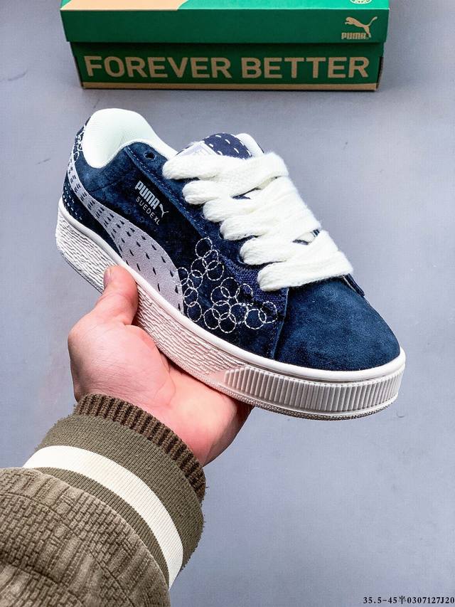 140 彪马Puma Suede Xl 全新休闲板鞋！鞋身通体采用细腻的麂皮材质，厚实柔软，质感出众；鞋侧保留Puma标志性跑道图案，侧面与后跟点缀金属色Pum