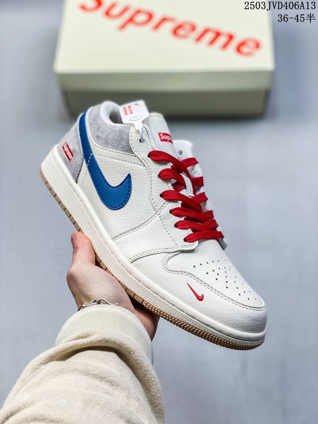 220 海外爆款限量发售！公司级 Nike Jordan Air Jordan 1“Supreme联名——米蓝生胶” 高端定制 低帮 复古 减震 防滑 耐磨