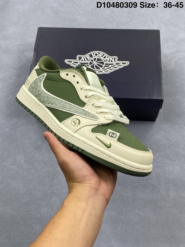 330 Ts X Air Jordan X Gucci Aj1 Low 倒钩低帮联名古驰-波纹米绿 定制配色 原厂内置气垫魔块 A模大底 头层小牛皮 鞋舌Aj原