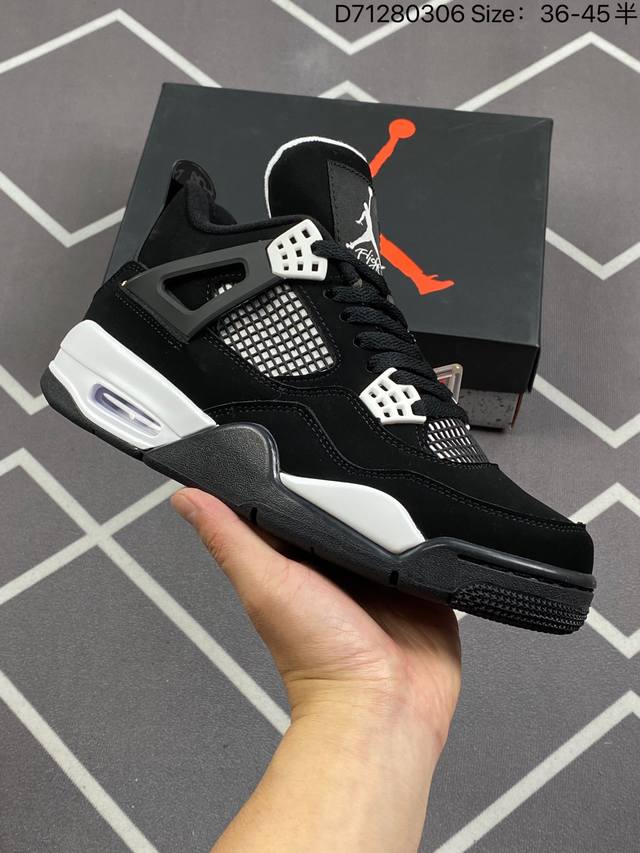 Air Jordan 4 Retro White Thunder 白雷公 Aj4 乔丹4代 Aj4 乔4 黑白熊猫 乔丹篮球鞋系列 鞋身采用黑色麂皮作为主底色