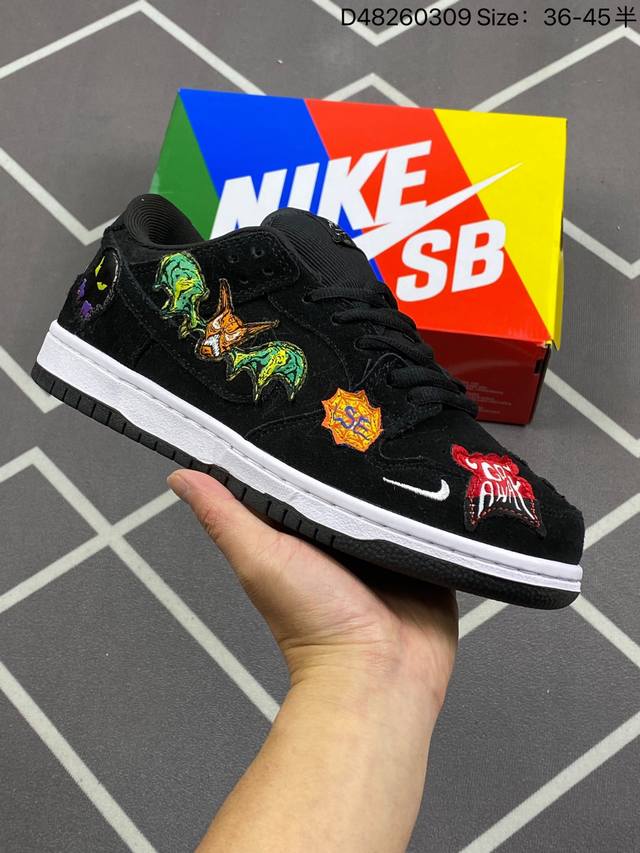 Nike Sb Dunk Low 万圣节 整个鞋身布满各种涂鸦画风的妖魔鬼怪 正好是 Neckface 最擅长的风格 面目狰狞的骷髅 怪异的蝙蝠 手持匕首的恶魔