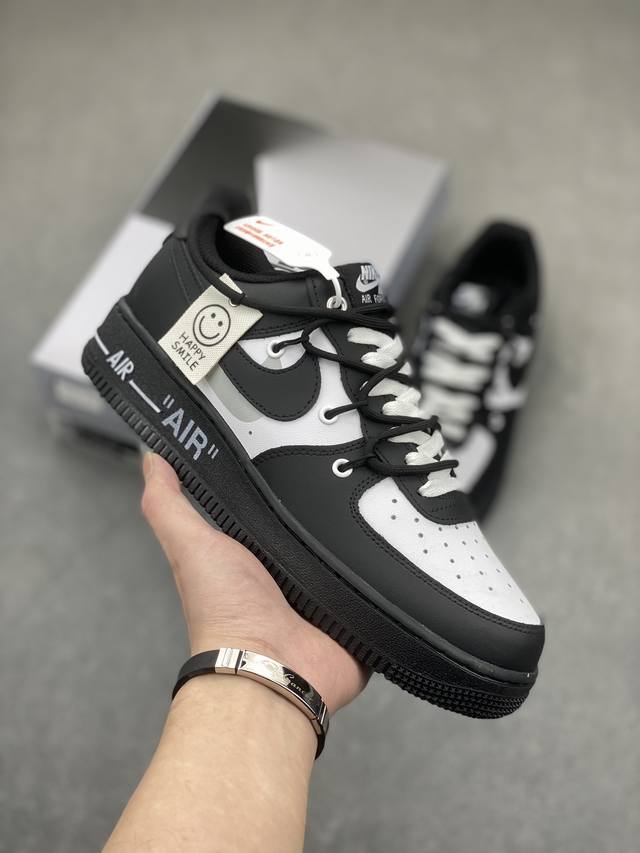 Nike Air Force 1 Low 白黑笑脸绑带 原楦头原纸板 打造纯正空军版型 专注外贸渠道 全掌内置蜂窝气垫 原盒配件 原厂中底钢印 拉帮完美 货号