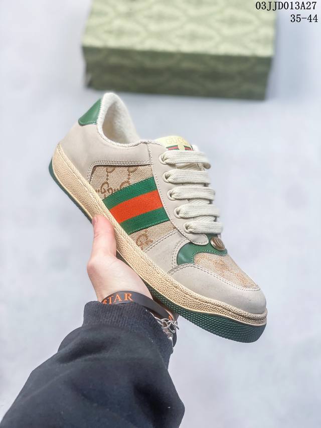 升级版本 全网首发 Gucci 古驰 Distressed Screener Sneaker 经典原型复古百搭做旧老爹板鞋 复古学院风 怀旧版 原版做旧 右脚鞋