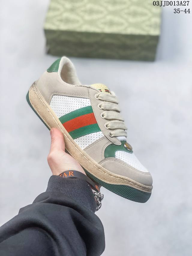 升级版本 全网首发 Gucci 古驰 Distressed Screener Sneaker 经典原型复古百搭做旧老爹板鞋 复古学院风 怀旧版 原版做旧 右脚鞋