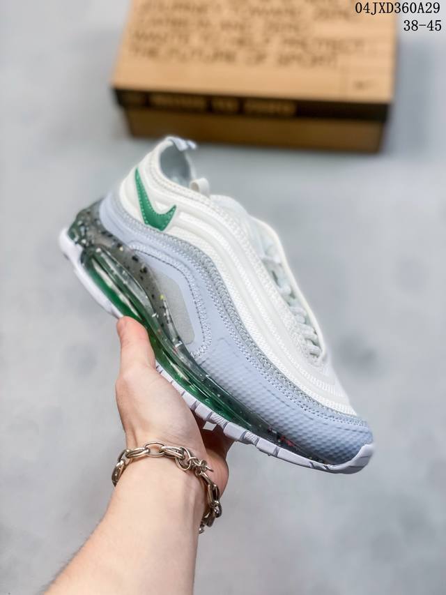 耐克 Nike Air Max 97 小勾子弹复古全掌气垫休闲运动鞋，鞋身swoosh视觉呈现效果。 以创新搭载可视全掌max Air和演绎疾速风范的前卫设计，