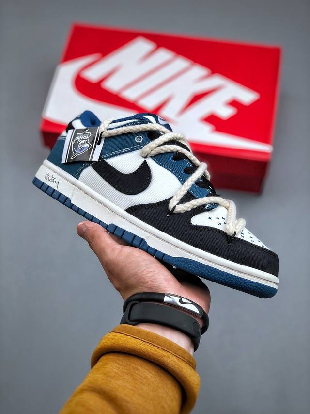 Fnike Dunk Low 黑白蓝 高街风 保护海洋 麻绳解构 Sb绑带低帮休闲板鞋 Dv0834-101 #鞋身整体采用专属颜料重新喷涂。原创设计图标涂鸦装