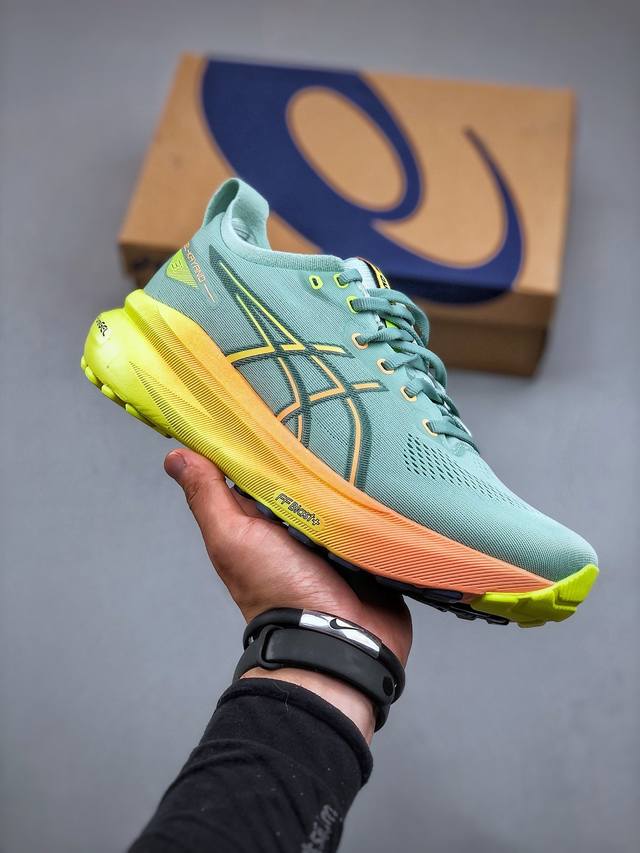 日本专业跑鞋品牌-亚瑟士 Asics Gel-Kayano 31 卡亚诺31代低帮专业有氧超轻量休闲运动全能慢跑鞋“浅绿亮黄橙渐变”1011B929-402 尺