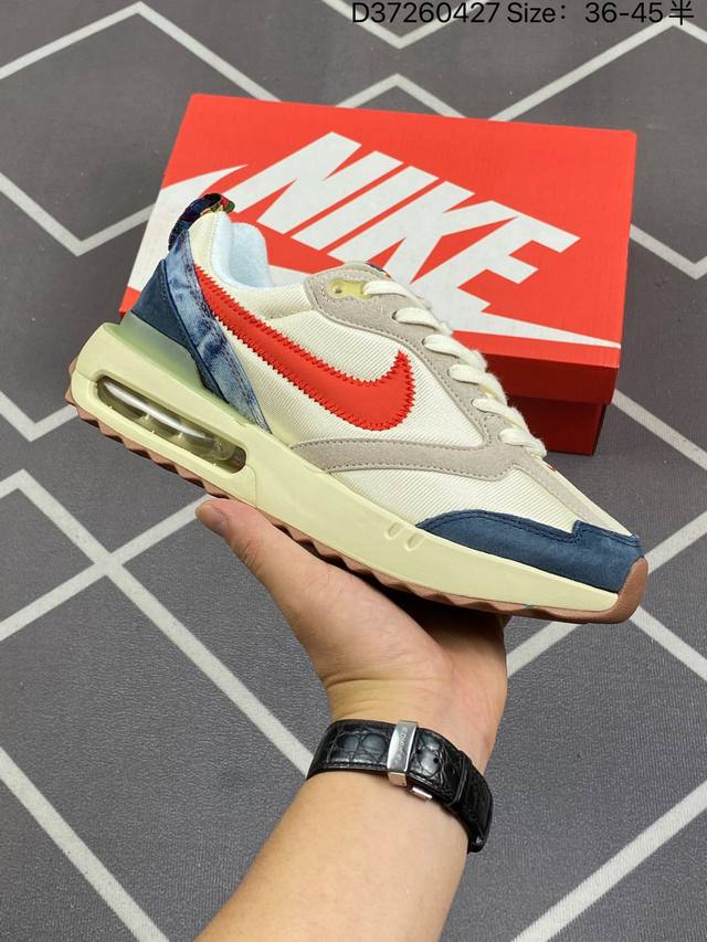 真标nk Air Max Dawn 黎明系列低帮气垫百搭休闲运动慢跑鞋 采用柔软翻毛皮和透气梭织材料打造利落鞋面 中底和鞋跟融入现代感线条设计 兼具复古风格与时