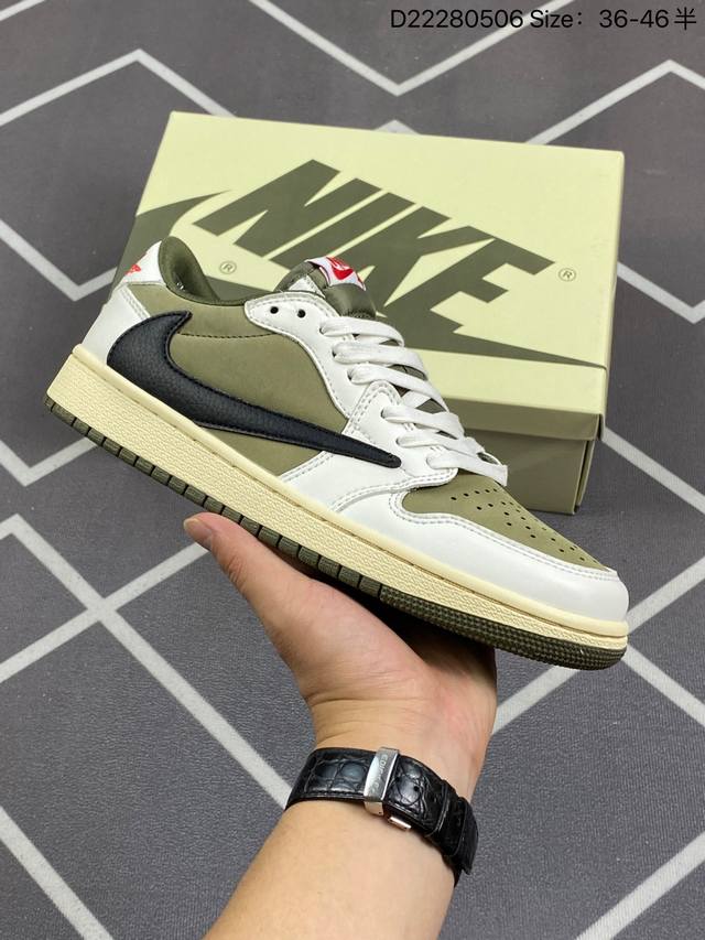 Travis Scott X Air Jordan 1 Low 低帮 橄榄绿倒勾联名 Aj1 乔丹1代 Aj1 乔1 低邦 白绿黑倒勾联名 乔丹篮球鞋系列 鞋身