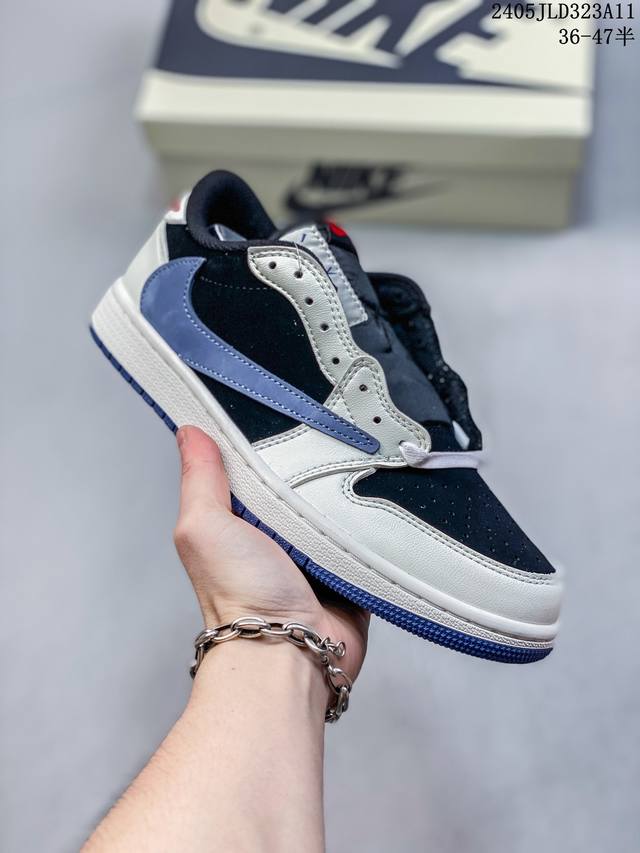 倒钩低帮travis Scott X Air Jordan 1 Low Aj1 X Lv 倒勾低帮 联名prime Asia绒感清晰，后跟鬼脸logo电绣效果