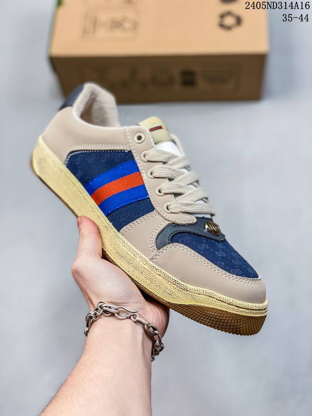 古驰 Gucci Distressed Screener Sneaker 古驰小脏鞋系列 经典原型复古百搭做旧小脏板鞋复古学院风 码数：如图 Id：05Nd31