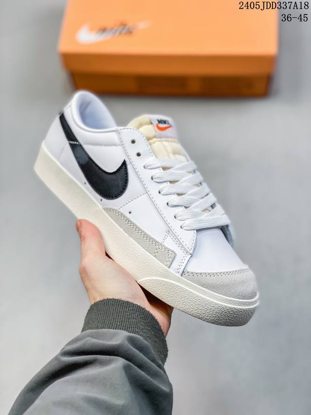 Nike Blazer Mid ‘77 活力三勾男女经典运动板鞋 采用环保材料的大底 独特的鞋面连者鞋底印刷，演绎出了这个配色的独特风格，眼前的新设计选用皮质。