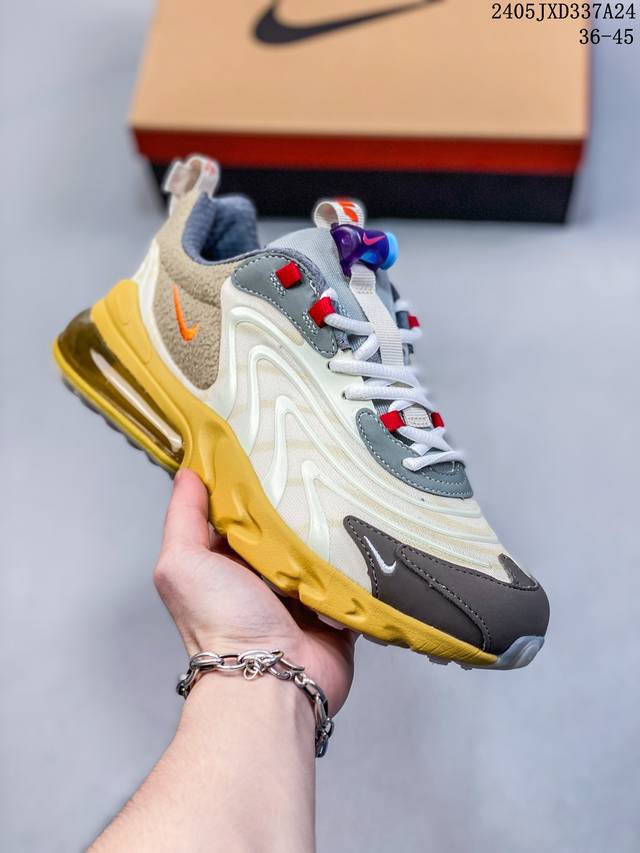 真标耐克travis Scott X Nike React Air Max 270 React Cactus Jack 米黄 高桥盾系列 联名机能半气垫跑步鞋