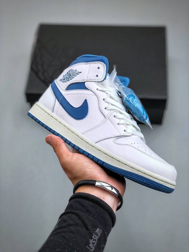 G Air Jordan Aj1 Mid 中帮 白蓝 Fn5215-141 原厂内置全掌气垫 A模大底 头层小牛皮 鞋舌aj原厂专用牛津布+Aj专用反口珍珠布+