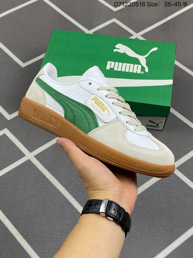 Puma Palermo Og 复古单品 彪马 防滑耐磨低帮德训板鞋 孔眼底座和脚趾凸起由绒面革材料制成 支持侧踏时的踏步工作 脚背和侧板采用尼龙网布 即使在健