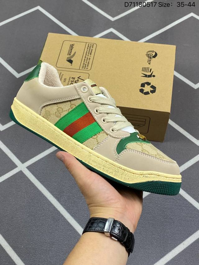 古驰 Gucci Distressed Screener Sneaker 古驰小脏鞋系列 经典原型复古百搭做旧小脏板鞋复古学院风 码数：如图 Id：D71180