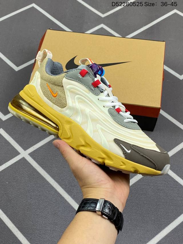 真标耐克travis Scott X Nike React Air Max 270 React Cactus Jack 米黄 高桥盾系列 联名机能半气垫跑步鞋