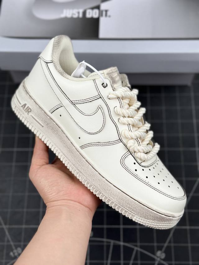 核心私 Nk Air Force 1'07 Low 麻绳做旧米 空军一号低帮休闲板鞋 #整鞋米色为主，黑色做旧覆盖全鞋身 粗麻绳鞋带 原装级别 原楦头原纸板 全