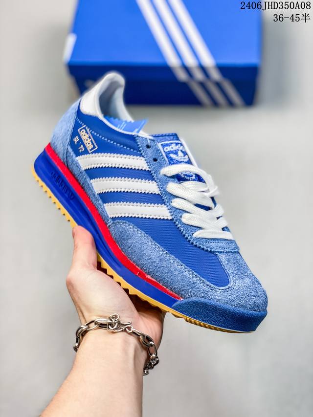 Adidas Originals Sl 72 Rs 防滑 低帮生活休闲鞋 男女同款 绿黄色，黄绿搭配的颜色非常大胆有个性鞋头的设计饱满圆润，鞋面是翻毛皮和尼龙材