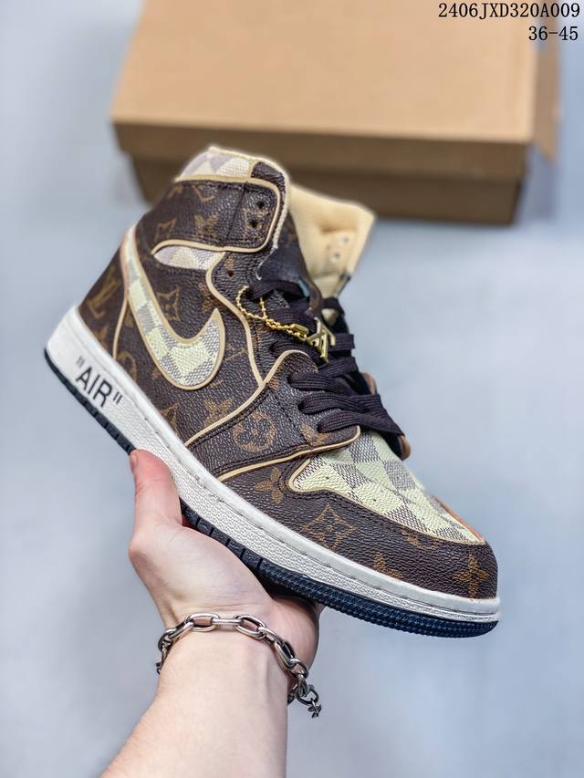 Louis Vuitton X Air Jordan 1 High 高帮 Lv联名 棕色 Aj1 乔丹1代 Aj1 乔1 高邦 Lv联名 乔丹篮球鞋 货号:55