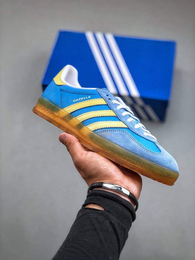 Kx版 Adidas Original Gazelle Indoor Trainers 瞪羚室内鞋系列低帮复古百搭休闲运动德训风板鞋 蓝黄 Ie2960尺码35