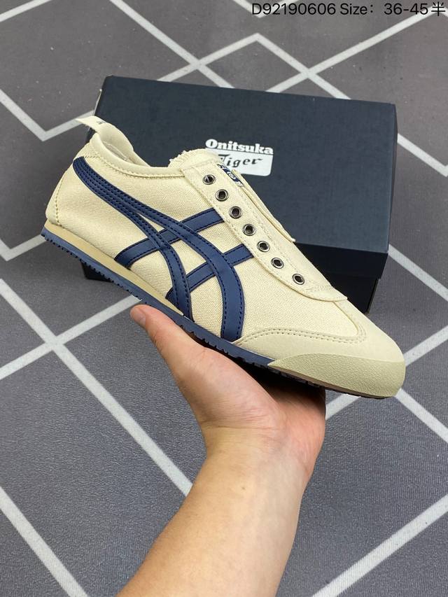 Onitsuka Tiger 亚瑟士帆布 鬼冢虎mexico 66 Slip-On 款式颜色造型上体现出追求舒适和细节的完美，鞋类更是推崇手工制作的严谨与完美，