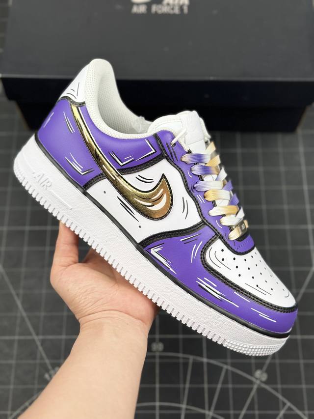 本地 核心私 官方爆款定制 二次元主题 Nike Air Force 1 Low’07 白紫金湖人配色 空军一号低帮休闲板鞋 定制皮料 原厂3D打印 原楦原纸板