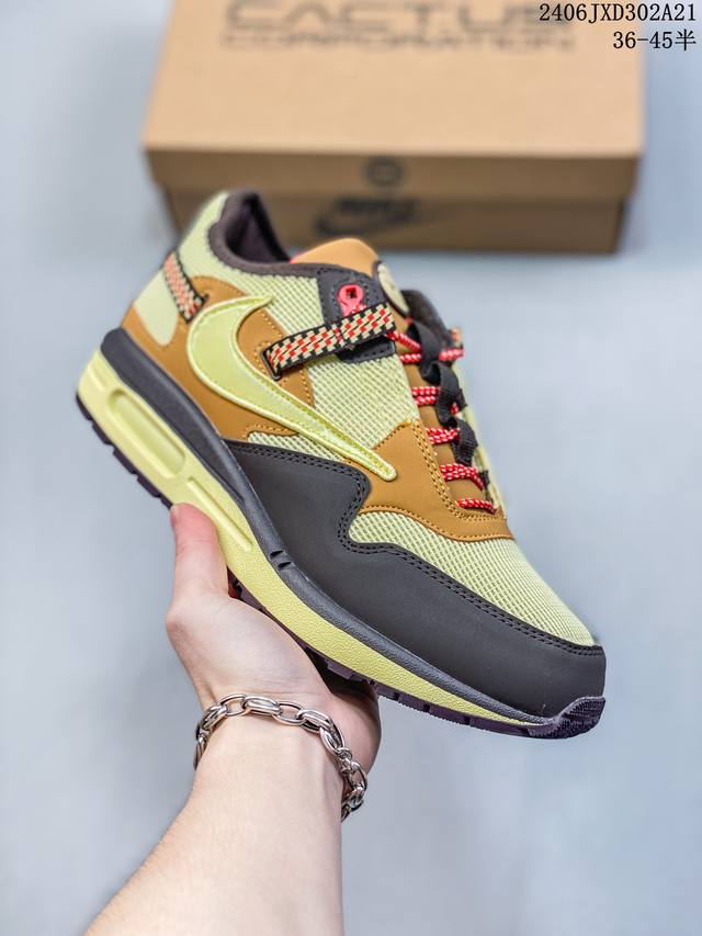 真标 带半码 Travis Scott X Nike Air Max 1”Cactus Jack“改版款低帮复古百搭休闲运动慢跑鞋 联名倒钩 再度重磅联乘当红说