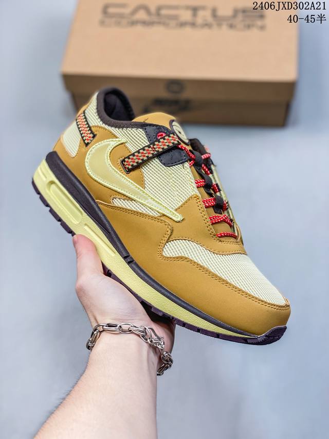 真标 带半码 Travis Scott X Nike Air Max 1”Cactus Jack“改版款低帮复古百搭休闲运动慢跑鞋 联名倒钩 再度重磅联乘当红说