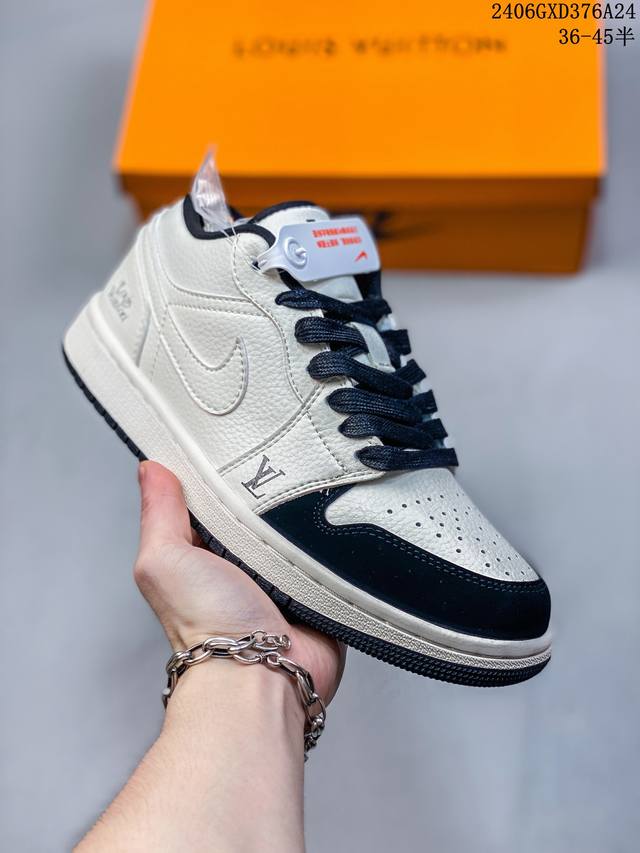 公司级 Nike Jordan Air Jordan 1“Lv联名 米黑脚趾” 高端定制 低帮 复古 减震 防滑 耐磨 篮球鞋 定制鞋盒 大厂纯原品质出货 超高