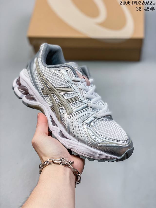 公司级asics Kayano 14亚瑟士 透气网眼鞋面配合部分合成革材质 采用全新ahar+橡胶材质,更加耐磨 户外越野休闲运动跑步鞋。 货号: 1A457-