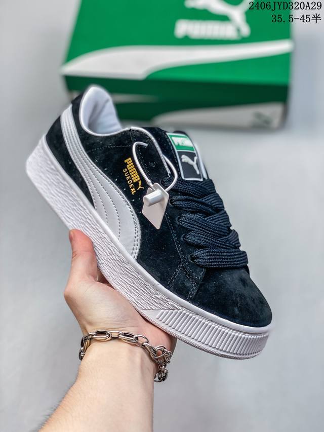 35.5-40半 真标带半码 Puma Suede Platform Cutout Wns 彪马 低帮 黑色 标贴运动鞋鞋款复刻，重温足球文化风潮；近日puma