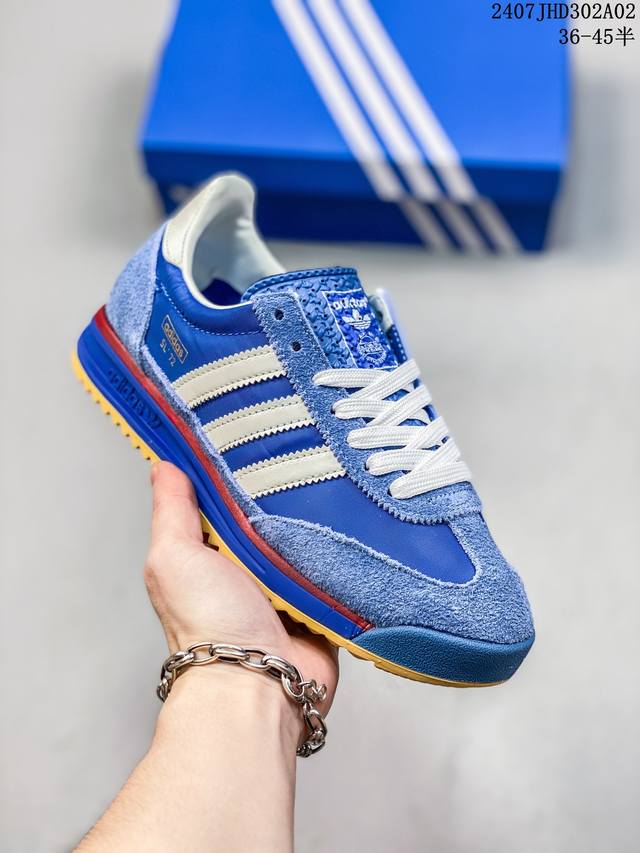 Adidas Originals Sl 72 Rs 防滑 低帮生活休闲鞋 男女同款 绿黄色，黄绿搭配的颜色非常大胆有个性鞋头的设计饱满圆润，鞋面是翻毛皮和尼龙材