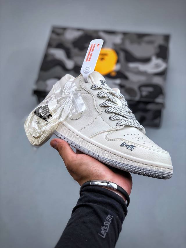 Air Jordan 1 Low Aj1 乔1 Bape联名-米白灰底 高端定制 低帮篮球鞋 Wg8850-003 #定制鞋盒 大厂纯原品质出货 超高清洁度 皮