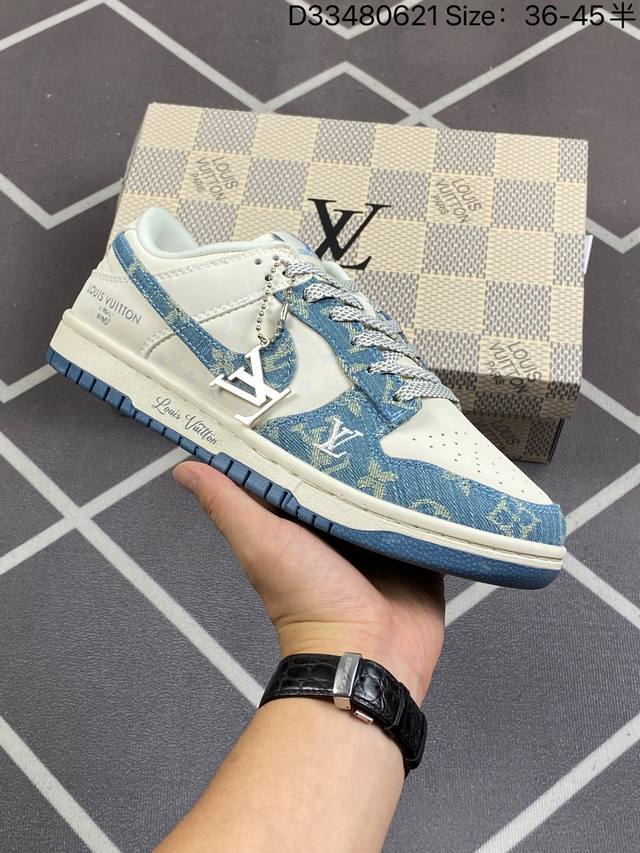 公司级 头层 Louis Vuitton X Nike Dunk Sb Low 路易威登 X 耐克 Sb 低帮 Lv联名卡其牛仔 鞋身以米白色作为主色调，鞋面采