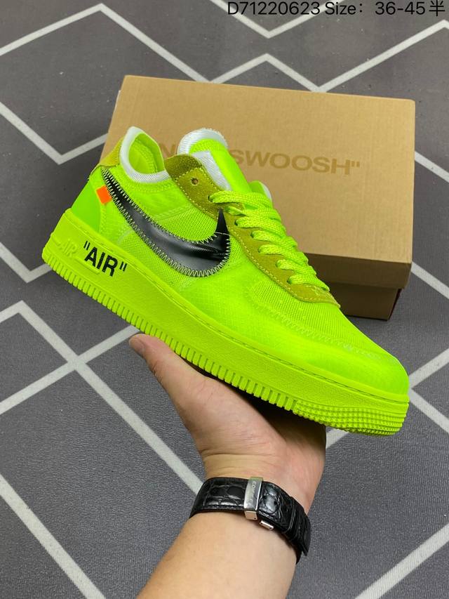 真标off-White X Nike Air Force 1 Ow联名空军一号 柠檬黄 全黑配色 鞋款延续了此次联名的设计风格，整体以白色为主调，鞋身内侧同样印