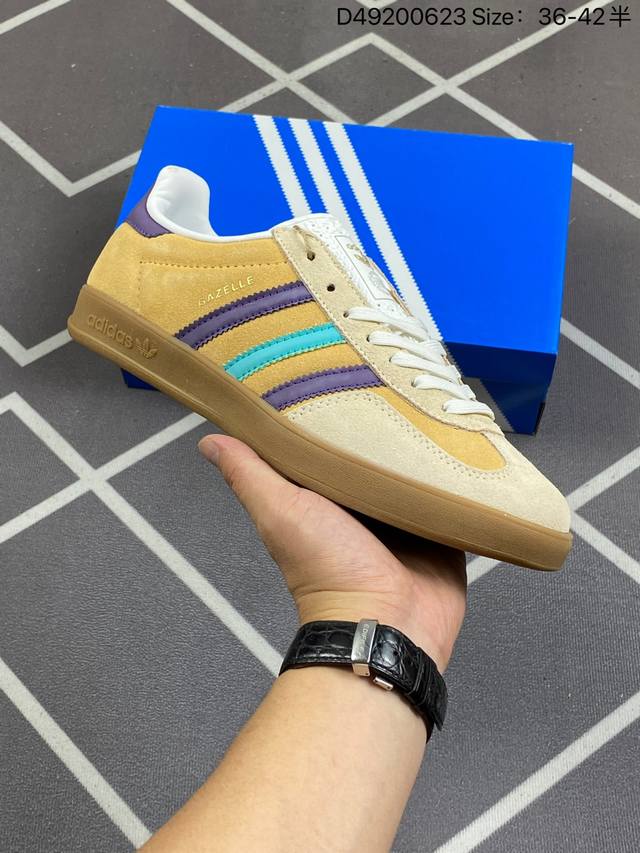 阿迪达斯adidas Gazelle Indoor Trainers 羚羊内训系列低帮复古百搭休闲运动德训风板鞋bm“沙土黄深紫浅蓝生胶底”Ig1636 90年