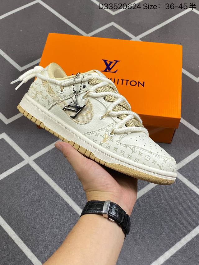 公司级 头层 Louis Vuitton X Nike Dunk Sb Low 路易威登 X 耐克 Sb 低帮 Lv联名米白蓝牛仔解构鞋带 鞋身以米白色作为主色