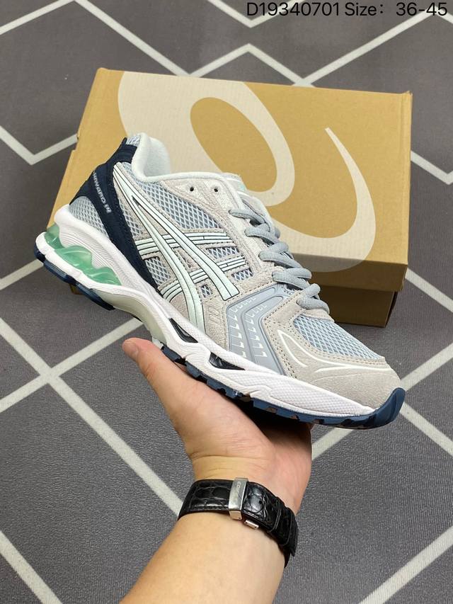 亚瑟士 Asics Gel-Kayano 14 公司级版本运动休闲透气专业缓震慢跑鞋。采用工程弹性双层再生网格密度鞋面材质，后跟3D可视gel缓震乳胶物料，升级