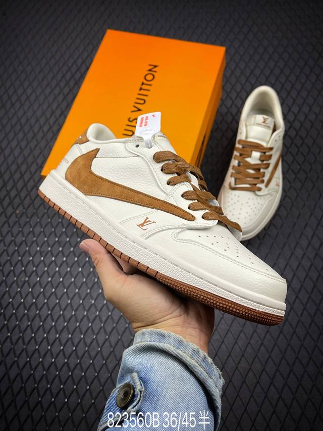 Lv X Air Jordan 1 Low 米白栗沙棕 此款主张打破传统的工业化流水线设计限制，以made By Ideas的超级创意为理念，集结众多潮流设计师