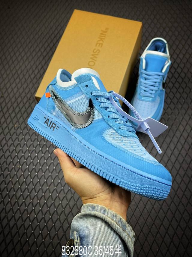 Off White X Nk Air Force 1 Low Ow 联名透明蓝 空军一号低帮休闲板鞋 Ao4606-400 #原装网纱 鞋面工整无皱褶 原厂高频