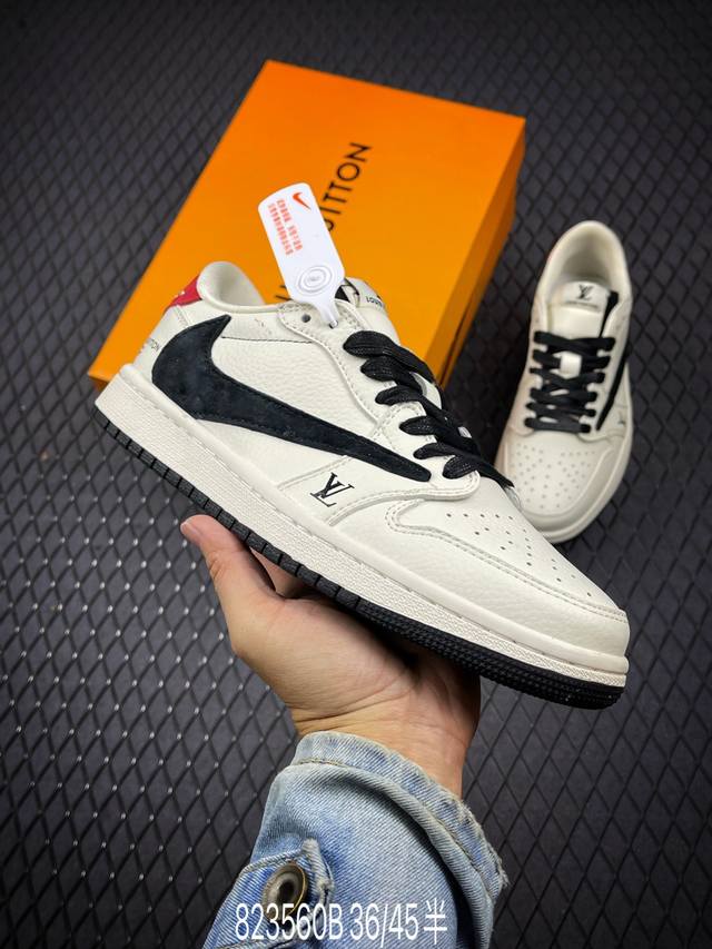 Lv X Air Jordan 1 Low 米黑红 此款主张打破传统的工业化流水线设计限制，以made By Ideas的超级创意为理念，集结众多潮流设计师，结