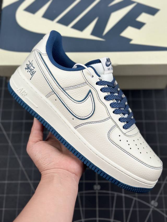 公司级 Stussyx Nike Air Force 1 Low 斯图西联名 米青色反光空军一号低帮休闲板鞋 客供高亮3M反光 定制皮料 折边针车 工艺难度大