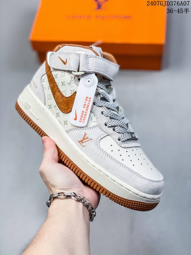 海外限量发售！公司级nike Air Force 1 '07 Low “Lv联名--米灰棕印花”空军一号 中帮 运动鞋 休闲鞋 折边针车 工艺难度大 原楦头原纸